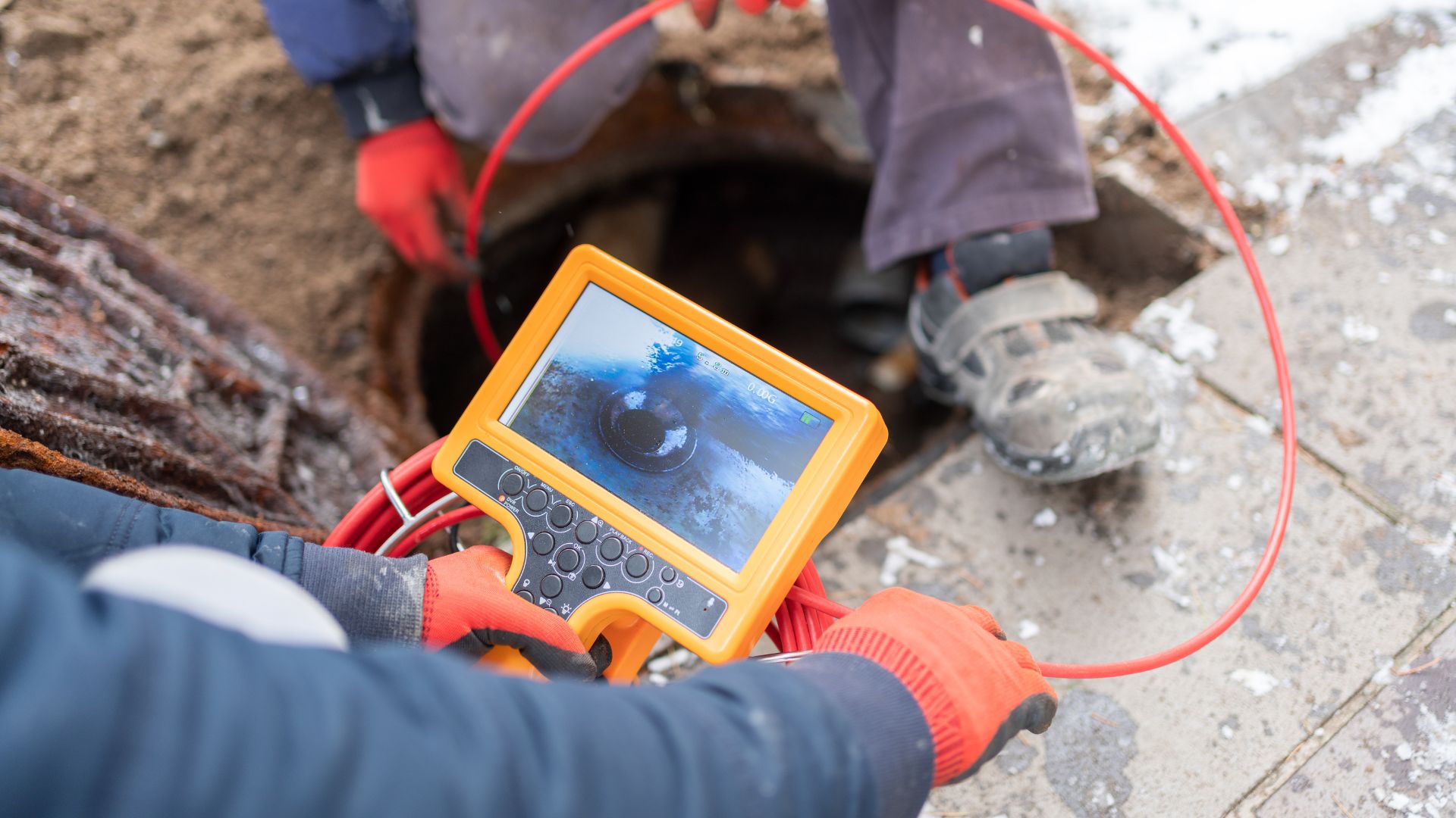 A man in blue jacket holding a yellow and black device